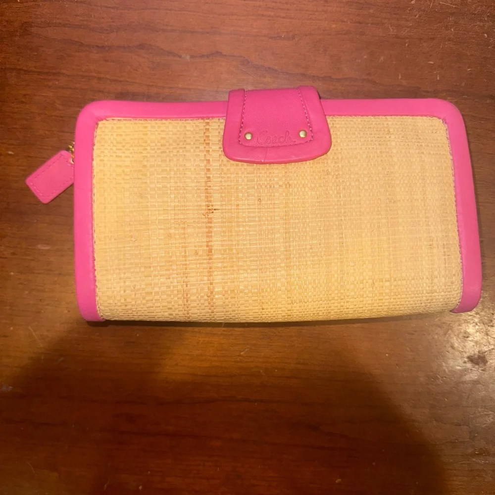 COACH Straw Collection Legacy Wallet Wristlet with Turnlock Bright Pink